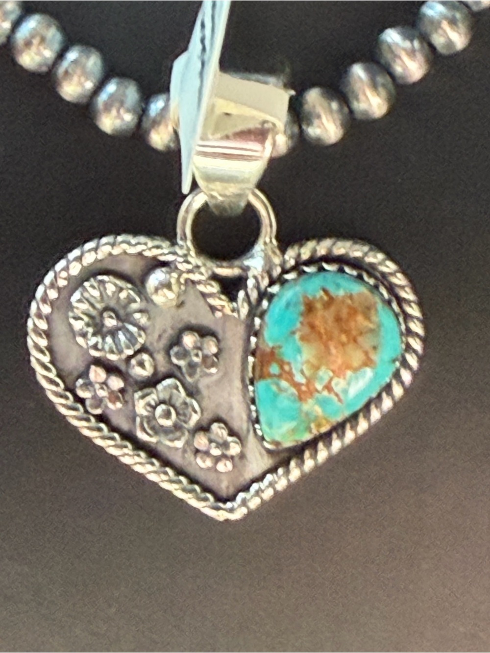 Heart Royston Ribbon Turquoise Pendant 925 Sterling Silver- Floral Silver Accent